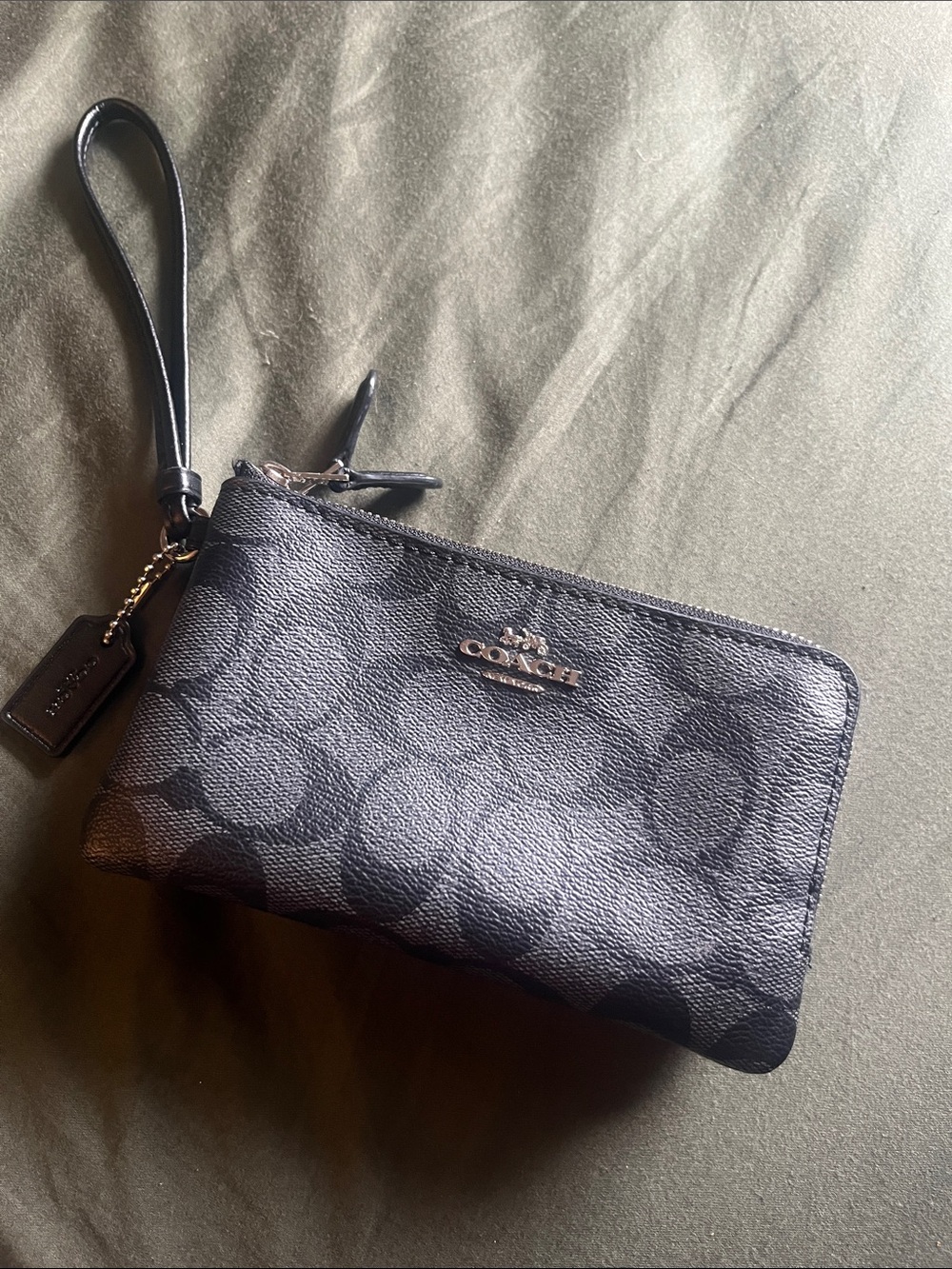 Coach Black Signature Zip Wristlet with Leather Strap